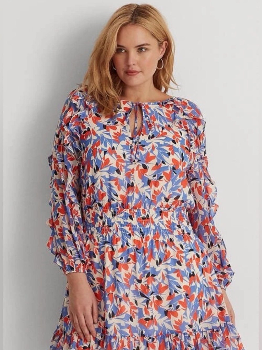 Ralph Lauren Dress Floral Print Crinkled Georgette Ruffle Hem Plus-Size 20W